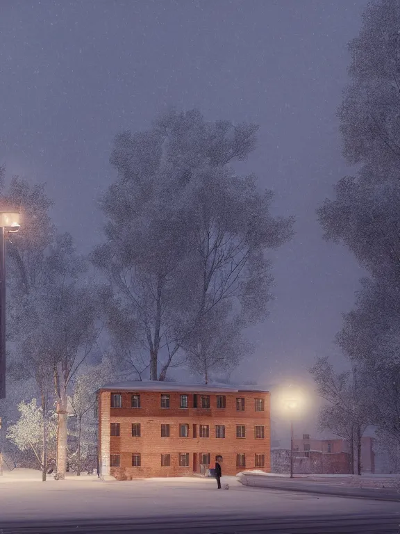 Image similar to film still of tiny soviet residential building, residential suburb area, lights are on in the windows, deep dark night, cozy atmosphere, cold winter, snowing, streetlamps with orange light, volumetric light, several birches nearby, elderly people stand at the entrance to the building, mega detailed, unreal render