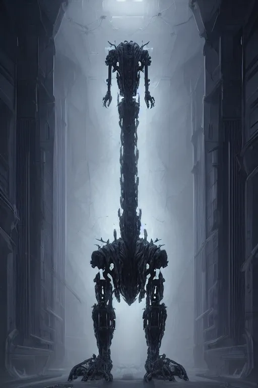 Image similar to professional concept art of a symmetrical fractal ominous floating robotic terrifying giant thing in a dark room by artgerm and greg rutkowski ( thin white border ). an intricate, elegant, highly detailed digital painting, concept art, smooth, sharp focus, illustration, in the style of cam sykes, wayne barlowe, igor kieryluk.