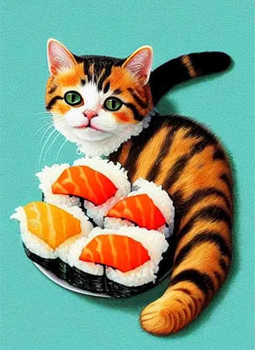 Image similar to clear photorealistic picture of adorable cats made out of sushi