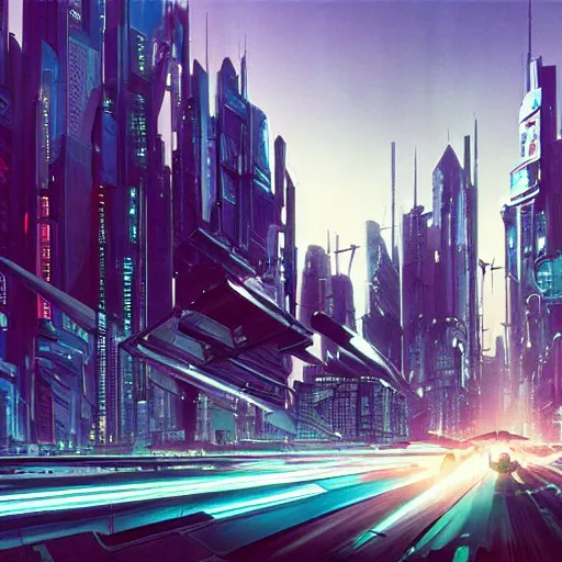 Image similar to futuristic cyberpunk city panorama, daylight, cinematic perspective, cinematic lighting, blue sky, syd mead, john harris, symmetrical