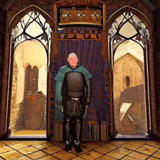 Image similar to full body portrait of Dennis hopper as a devious medieval lord standing on the right inside a big medieval Shop with tall windowpane, shelves full of medieval goods, morning light, trending on artstation, style of midjourney, unreal engine, octane render, intricate details, 8k high definition, beauriful, ornate, hyperrealistic