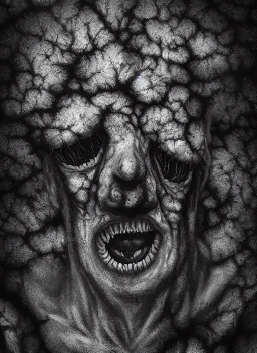 Image similar to dramatic matte portrait painting of man with black mandelbrot fractal instead of face, horror, body horror, dark art, 4 k, detailed, realistic, psychotic, insane, crazy, mental illness, dramatic,