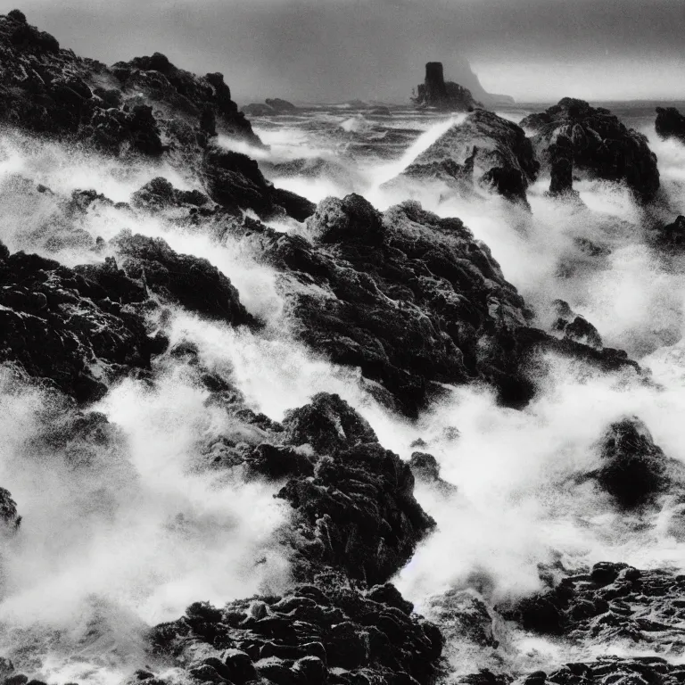 Image similar to dark and moody 1 9 7 0's artistic technicolor spaghetti western film, a large huge group of women in a giant billowing wide long flowing waving white dresses, standing inside a green mossy irish rocky scenic landscape, crashing waves and sea foam, volumetric lighting, backlit, moody, atmospheric, fog, extremely windy, soft focus