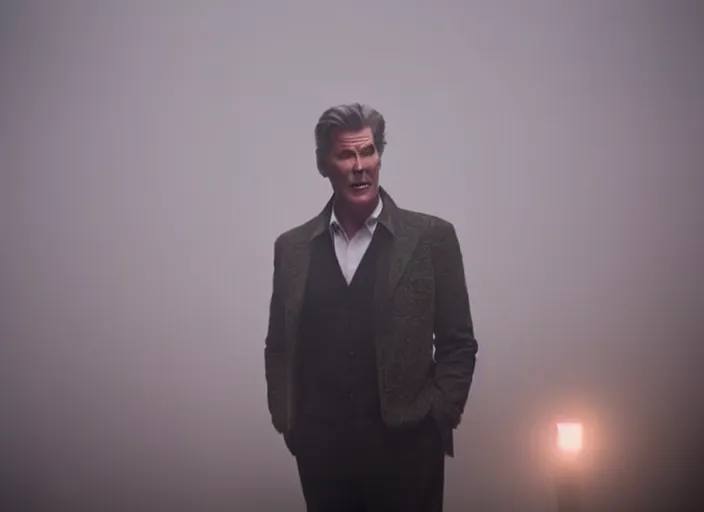 Prompt: film footage of pierce brosnan as giant monster in a foggy city, eerie, 8 k, 8 5 mm f 1. 8, studio lighting