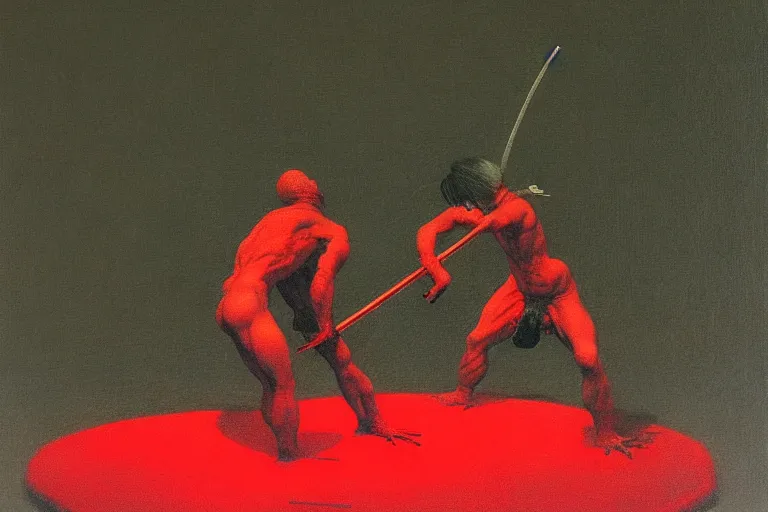 Image similar to only with red, a red samurai do seppuku, tokio, a lot of frogs watch, in the style of beksinski, parts by edward hopper, parts by rodcenko, parts by yue minjun, intricate and epic composition, red by caravaggio, insanely quality, highly detailed, masterpiece, red light, artstation, 4 k