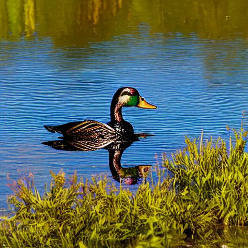 Image similar to a colorful iridescent mallard floating on a lake in the foothills of mount saint helens crater in the distance