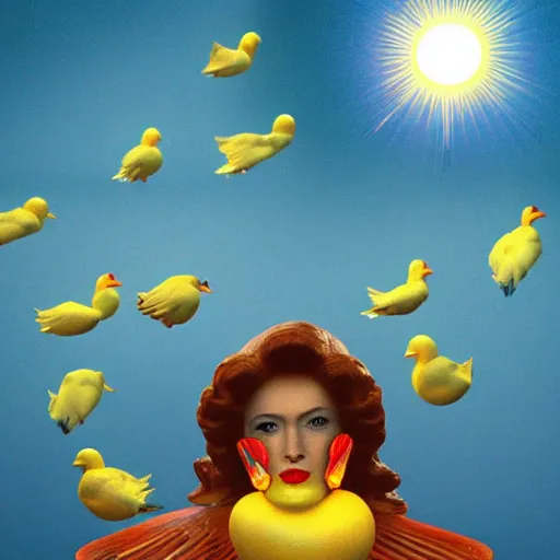 Image similar to the sun tarot card by freida harris, 1 9 5 0 s rubber duck floating on astral plane, 3 d render unreal engine