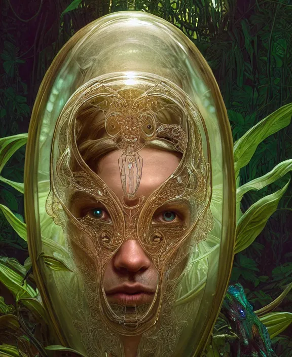 Image similar to intricate ornate opulent transparent clear see - through portrait of a terrifying beautiful male alien rat, mottled coloring, adorable, childlike, overgrown jungle environment, ultra realistic, concept art, art nouveau, photorealistic, octane render, 8 k, unreal engine. art by christopher marley and artgerm and greg rutkowski and alphonse mucha