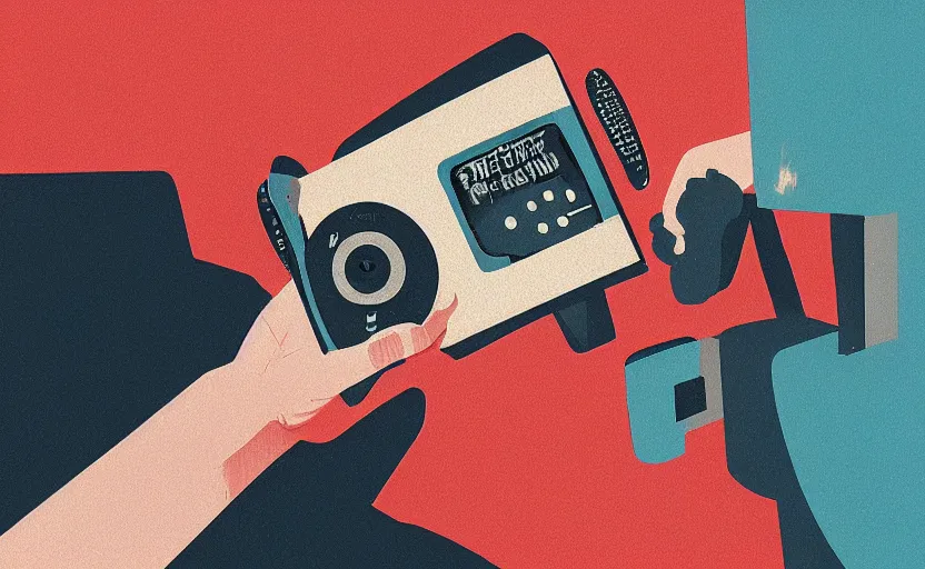 Prompt: person holding an old broken hand radio with dials, james gilleard, print, game art