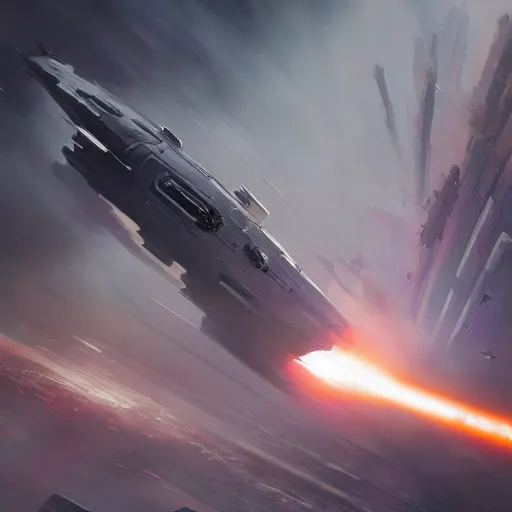 Prompt: sci - fi spaceship in combat, in planet atmosphere and dense fog, explosions, highly detailed, trending on artstation, ridley scott