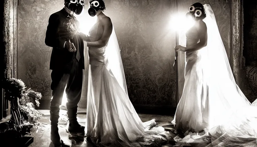 Image similar to disturbing big budget hollywood movie bride and groom wearing gas masks at the marriage of reason and squalor perfect composition dramatic lighting chiaroscuro