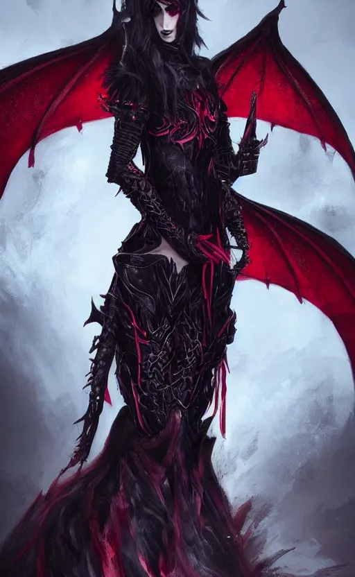 Prompt: Gothic princess in dark and red dragon armor with black wings, artstation trending, cinematic, highly detailded