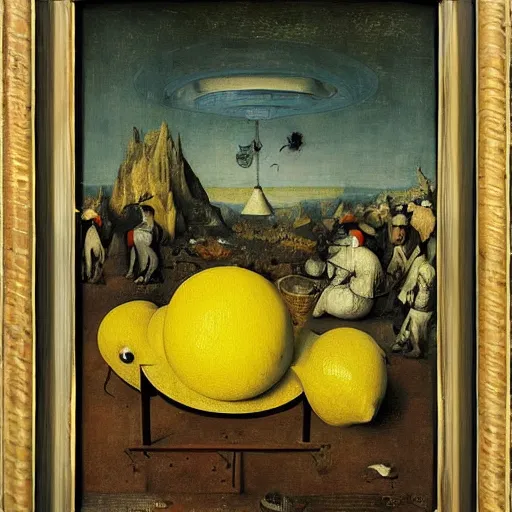 Prompt: fractal vintage alien valley disk quail uth urn lemon, by pieter bruegel the elder and banksy and yves klein, an art deco, detailed painting, rococo