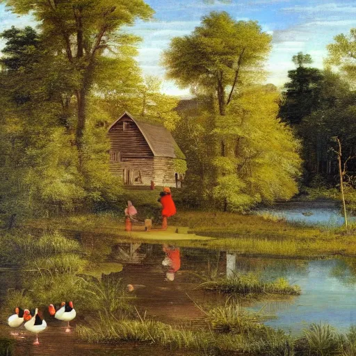 Image similar to two small log cabins on the edge of an idyllic lake that has many lily pads and brightly colored ducks on its surface, behind the cabins there is a small farm plot and a large deciduous forest, people can be seen tending to the area around the cabins, renaissance painting, high quality