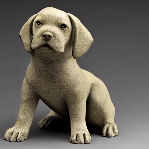 Image similar to studio photo of a ceramic figure, in the shape of a puppy. photorealistic, minimalist, ultra detailed.