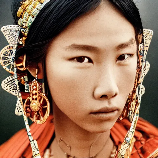 Image similar to vintage portrait of a stunningly beautiful asian tribal female, depth of field, zeiss lens, detailed, symmetrical, centered, fashion photoshoot, by edward s curtis, Annie Leibovitz and Steve McCurry, David Lazar, Jimmy Nelsson, Breathtaking, 8k resolution, extremely detailed, beautiful, establishing shot, artistic, hyperrealistic, beautiful face, octane render