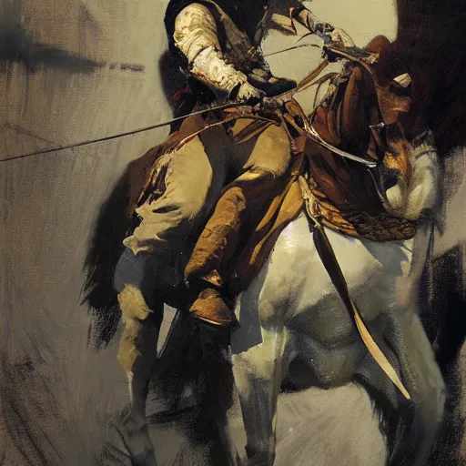 Prompt: portrait of rider wearing gambeson holding bow, detailed by greg manchess, craig mullins, bernie fuchs, walter everett, low angle