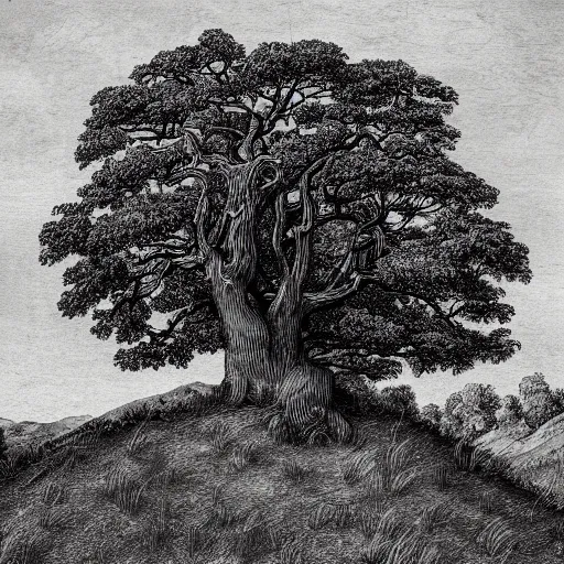 Prompt: oak tree on top of a grasslands hill, hill landscape, logo, pencil drawing, wide angle, black and white, sharp lines, detailed, by albrecht durer, centered, symmetrical, far shot
