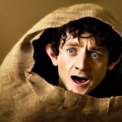 Image similar to frodo from lord of the rings in a burlap sack of potatoes, and the sack has many potatoes in it, photography, realistic, mid shot, in his hobbit home, cinematic lighting