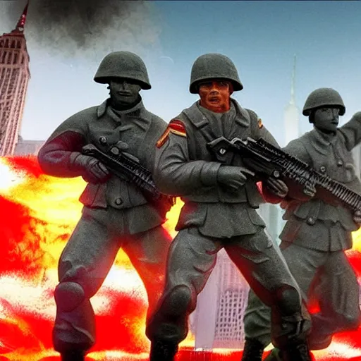 Image similar to The war between the Soviet Union and America, the action takes place in New York, far away against the background of the Statue of Liberty, a lot of soldiers and military equipment, a lot of explosions and tracer bullets, a lot of ruins, a very epic battle, The style of photography of the 80s, very detailed and detailed style