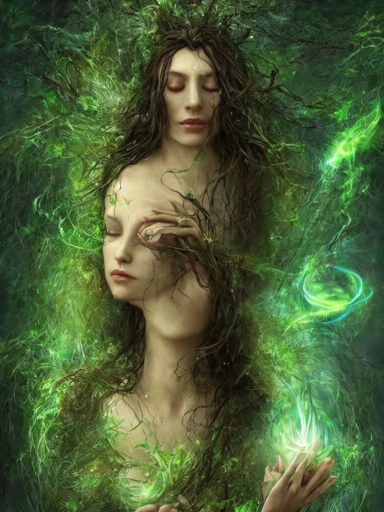 Prompt: an ancient mystical alluring female witch generating flowing energy and surrounded by wisps of green magic sits meditating in a magical overgrown garden temple, face face face, by karol bak, 3 d, cinema 4 d render, trending on artstation
