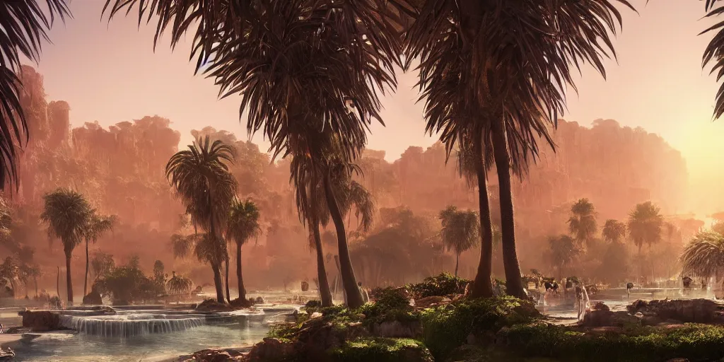 Image similar to beautiful oasis waterfalls surrounded by palm trees moroccan tile archways, date trees, ivory towers sunset peter morbacher ross tran angelarium greg rutkowski alchemy luxury heavenly light soft illumination, trending on artstation cinematic lighting digital painting octane render, artgerm