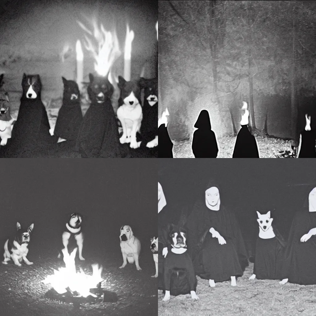 Prompt: creepy grainy found footage horror photo of a group of dogs in black robes standing in a circle around a fire at night. black and white, grainy, evil, unsettling, terrifying