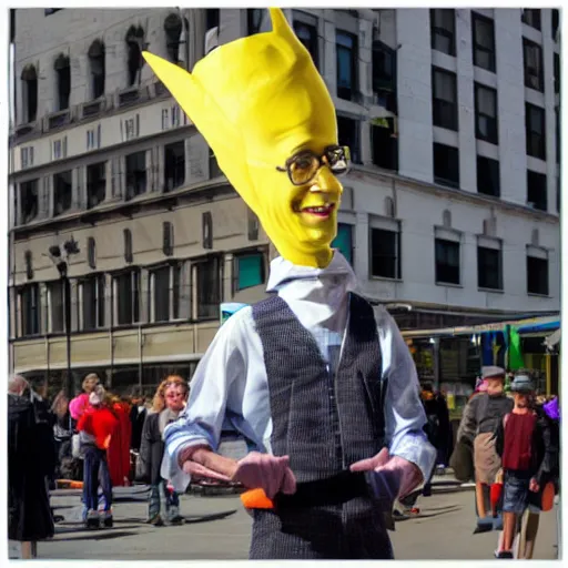 Prompt: Conehead Milhouse street performer