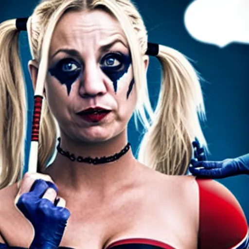 Image similar to A still of Kaley Cuoco as Harley Quinn