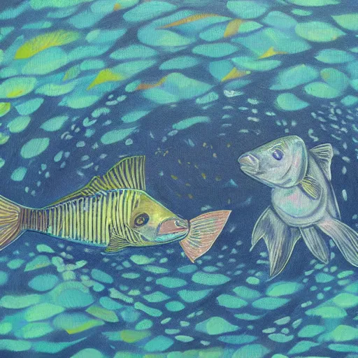 Image similar to two cods talking to eachother in deep sea, art by annie albers