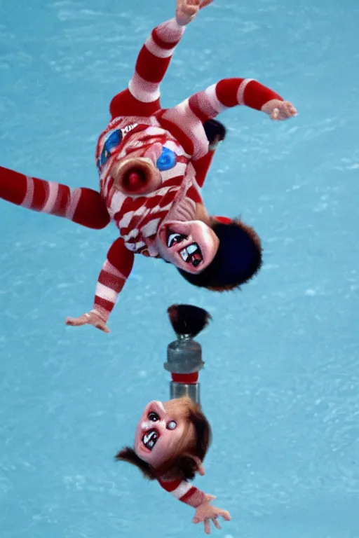 Image similar to screaming chucky doll performing high dive at olympics