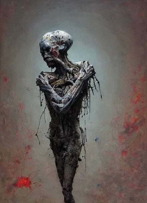 Image similar to painting of disturbing figure lying on concrete ground, decrepit, corpse-like, by jon hale, beksinski, giger, epic, flying birds, tweeting, trump reaction video tiktok, 'trump face reacting'!!! soyjak!!!