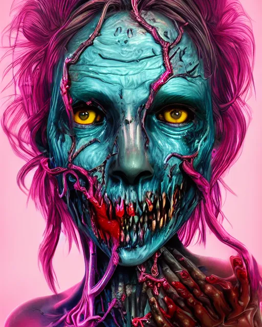 Prompt: A zombie with bioluminescent varicose veins and blood vessels, by andres rios artstation, vivid pink and blue colors, stunning fantasy horror, smooth, intricate, ornate, digital painting, artstation, concept art, morbid fantasy, sharp focus, illustration, trending on artstation