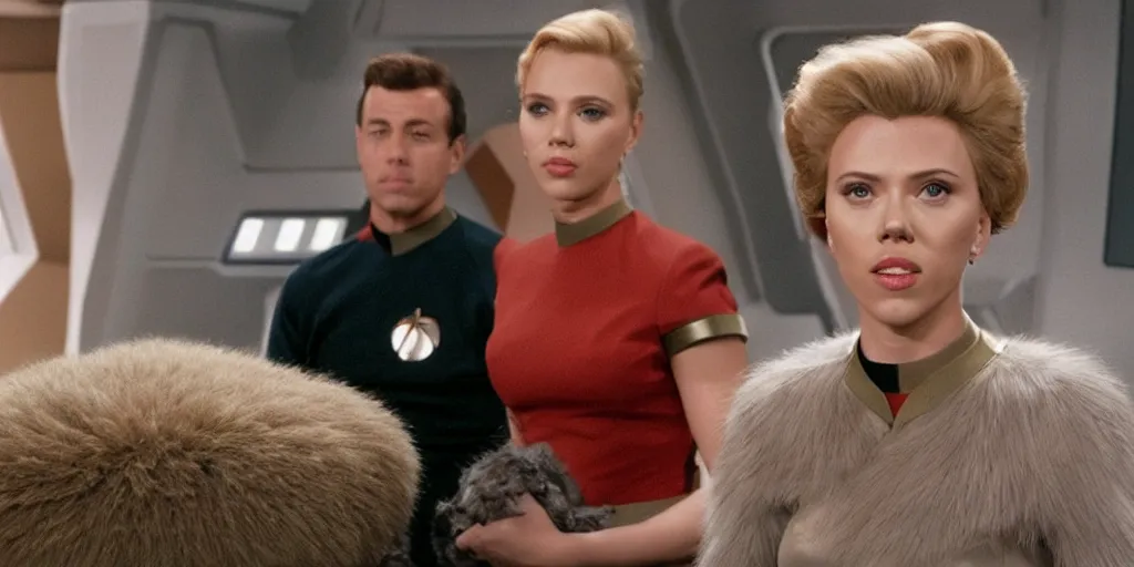 Image similar to Scarlett Johansson and Tribbles in a scene from Star Trek