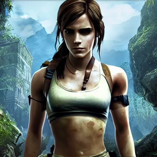 Image similar to Screenshot of Emma Watson as Lara Croft video game