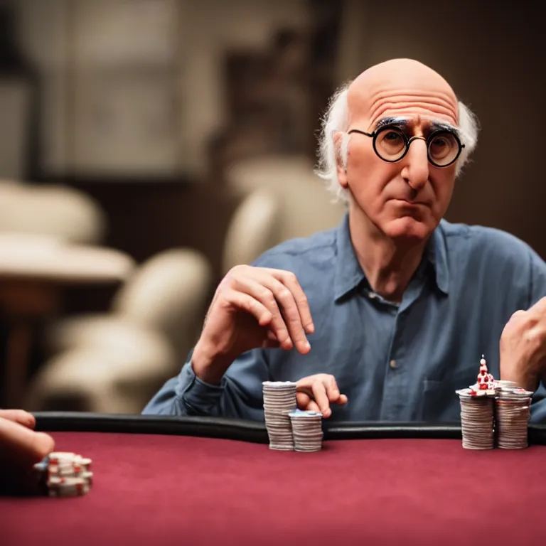 Prompt: a cinematic film still of a claymation stop motion film starring larry david playing poker, portrait, shallow depth of field, 8 0 mm, f 1. 8