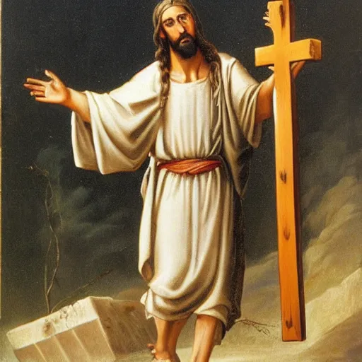 Prompt: culturist jesus christ carrying the cross,