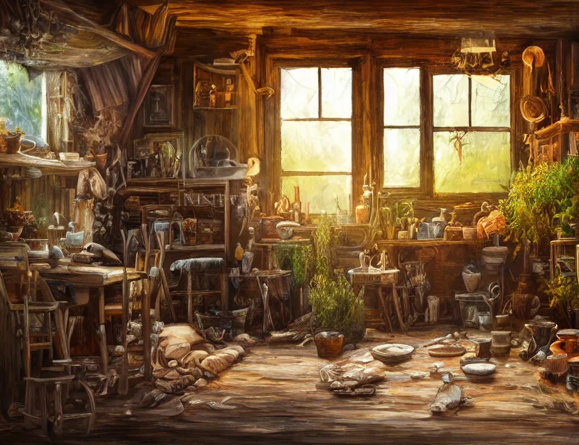 Prompt: expressive rustic oil painting, interior view of a cluttered herbalist cottage, waxy candles, cabinets, wood furnishings, herbs hanging, wood chair, light bloom, dust, ambient occlusion, morning, rays of light coming through windows, dim lighting, brush strokes oil painting