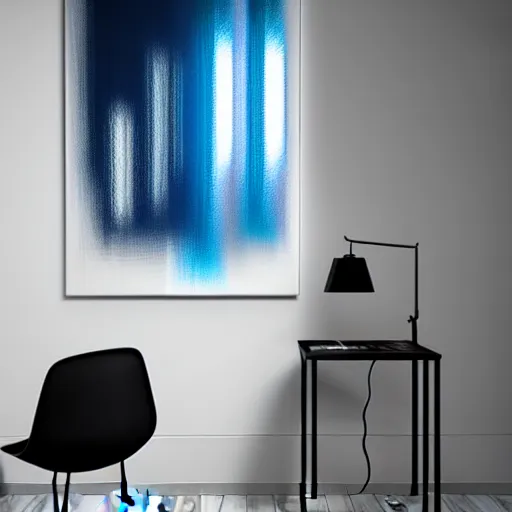 Image similar to : abstract paintings on wall in white art studio with modern architecture cinematic lighting, hyper - realistic, detailed, render by c 4 d octane, unreal engine, 8 k 3 d render