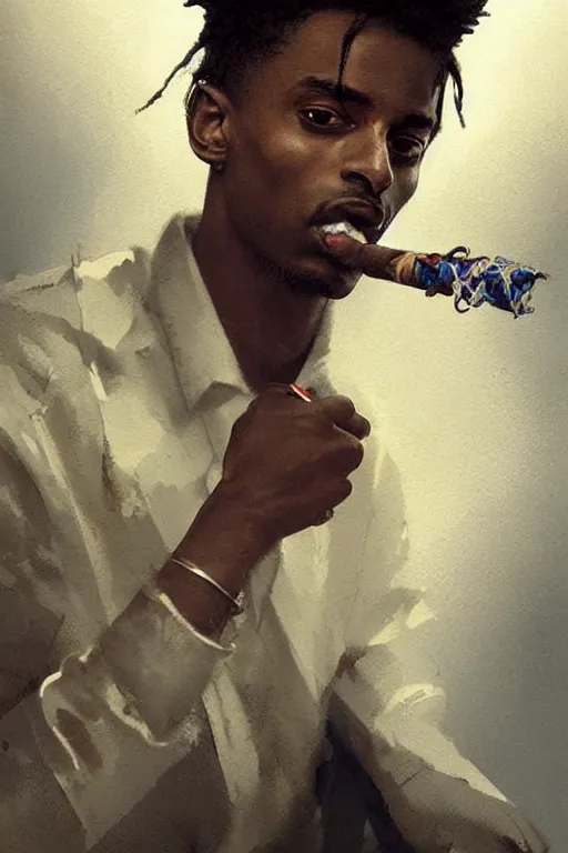 Prompt: Playboi Carti smoking a blunt, atmospheric, illustrated by Greg Rutkowski , Trending on artstation,