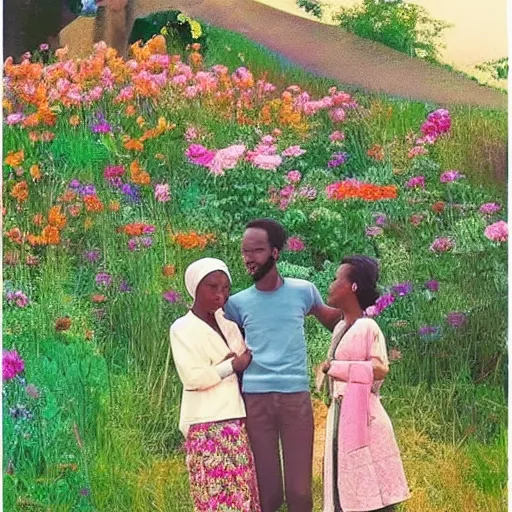 Image similar to somali friends, vintage, studio ghibli, field of flowers, city bridge, beautiful, happy, dreamy, pastel