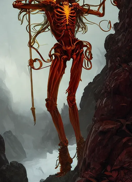 Image similar to A red Skeleton, golden crown, male, fantasy, extremely detailed, digital painting, artstation, concept art, smooth, sharp focus, illustration, stunning lighting, art by artgerm and greg rutkowski and alphonse mucha and simon stalenhag, realistic character concept, high fantasy, dark atmosphere, golden ratio, cinematic lighting, hyperdetailed, high resolution, insanely detailed and intricate, artstation, Marc Simonetti, Greg Rutkowski, 8k