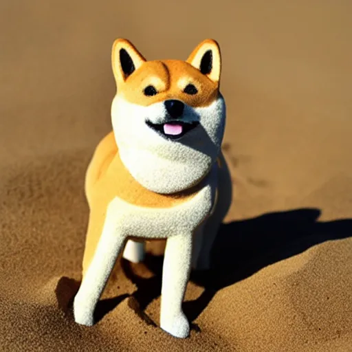 Prompt: shiba inu dog ( doge ) made of sand