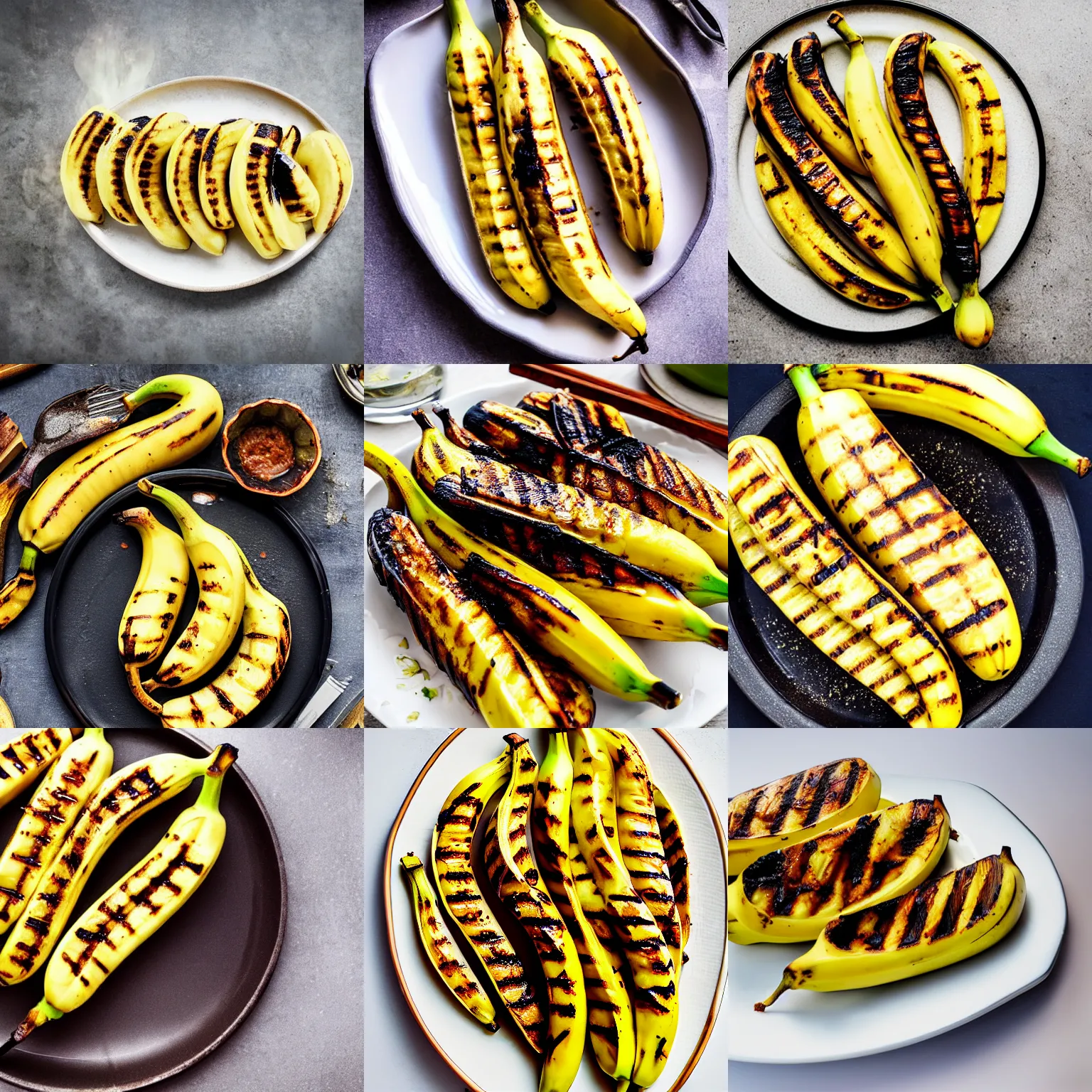 Prompt: grilled bananas on a plate, food photography, fantasy