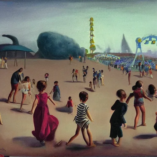 Image similar to famous oil painting of girls comb their hair in rear view mirrors, boys try to look tough, the amusement park rises bold and stark, kids are huddled on the beach in a mist, by neo rauch