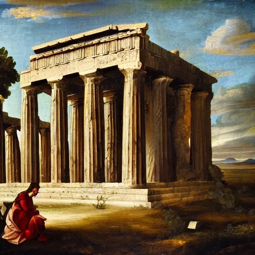 Prompt: a renaissance oil painting of a greek temple