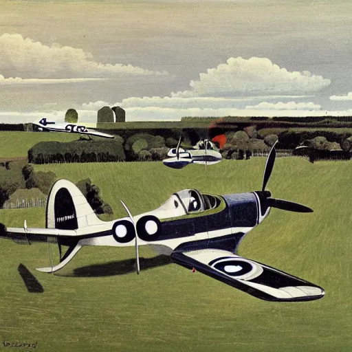 Prompt: spitfires at sawbridgeworth, eric ravilious, 1 9 4 2