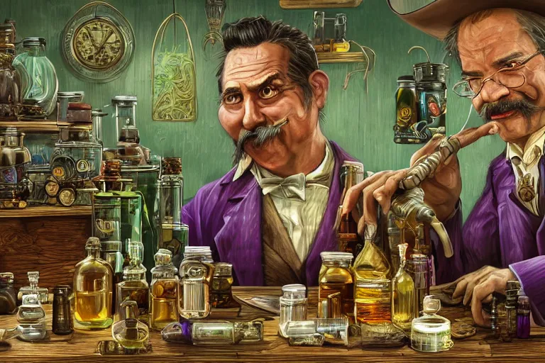 Prompt: Uncle Aloysius, snake oil salesman, wild west crypto pharmaceutical industrialist apothecary alchemist tinkerer engineer, cute, fantasy, intricate, elegant, highly detailed, digital painting, 4k, HDR, concept art, smooth, sharp focus, illustration, purple green color scheme, art by Ed Roth and H R Giger and Greg Rutowski