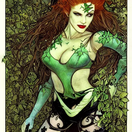 Prompt: a beautiful painting of poison ivy dressed as a teenage vampire, leather armored, dark eyeliner, intricate, elegant, highly detailed, digital painting, artstation, concept art, matte, sharp focus, illustration, art by rebecca guay and by arthur rackham and by alphonse mucha and by john william waterhouse