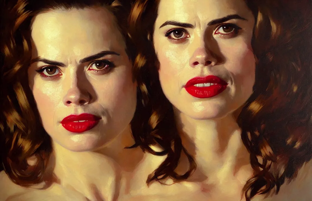 Image similar to portrait of hayley atwell!!!!!!!!!!!!!!!!!!!!!!!!!!!, detailed face, detailed painting, epic lighting, by ilya repin, phil hale and kent williams